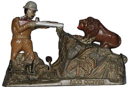 Lion Hunter Mechanical Bank - Click here to see more animated banks