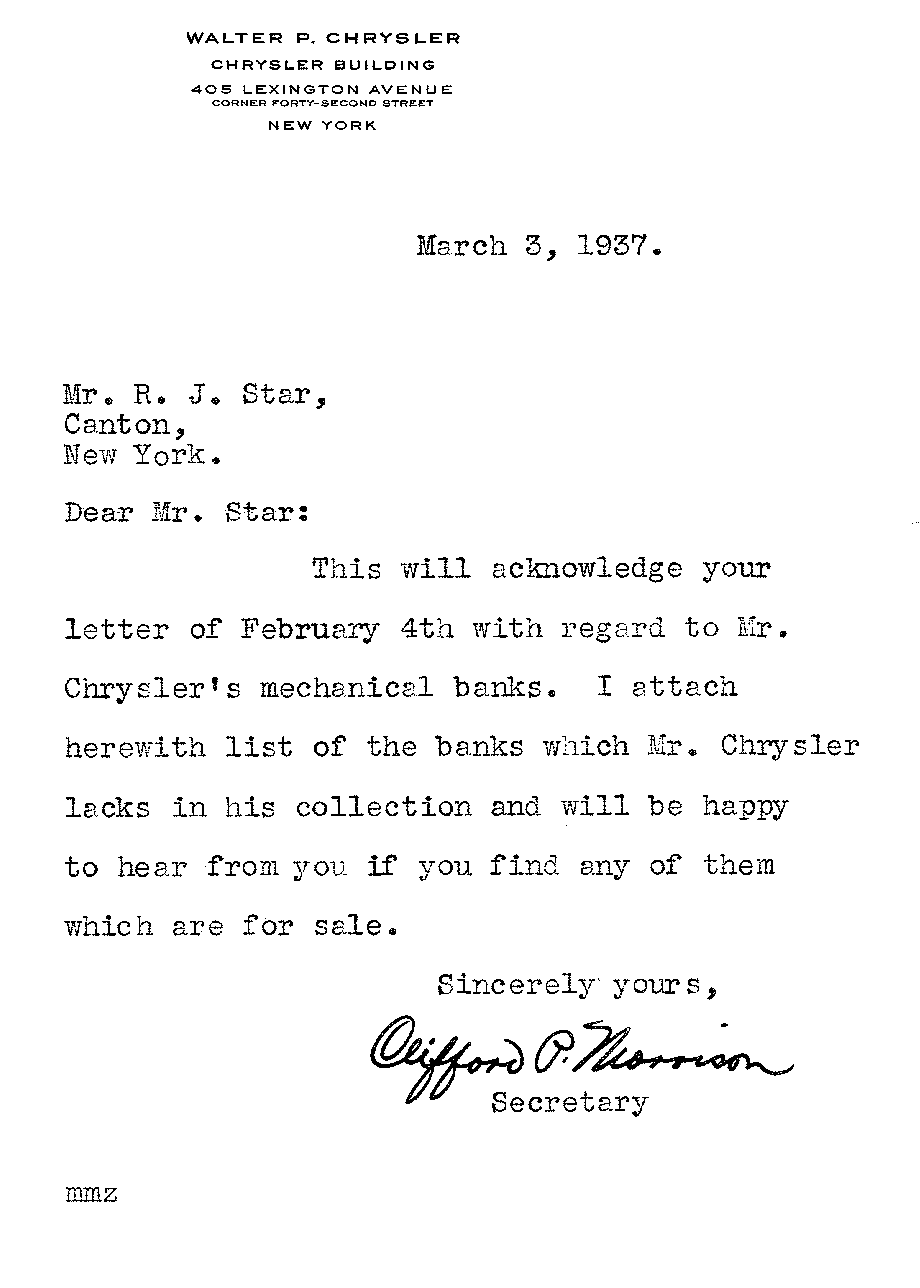 1937 Walter P. Chrysler "Want List" Letter