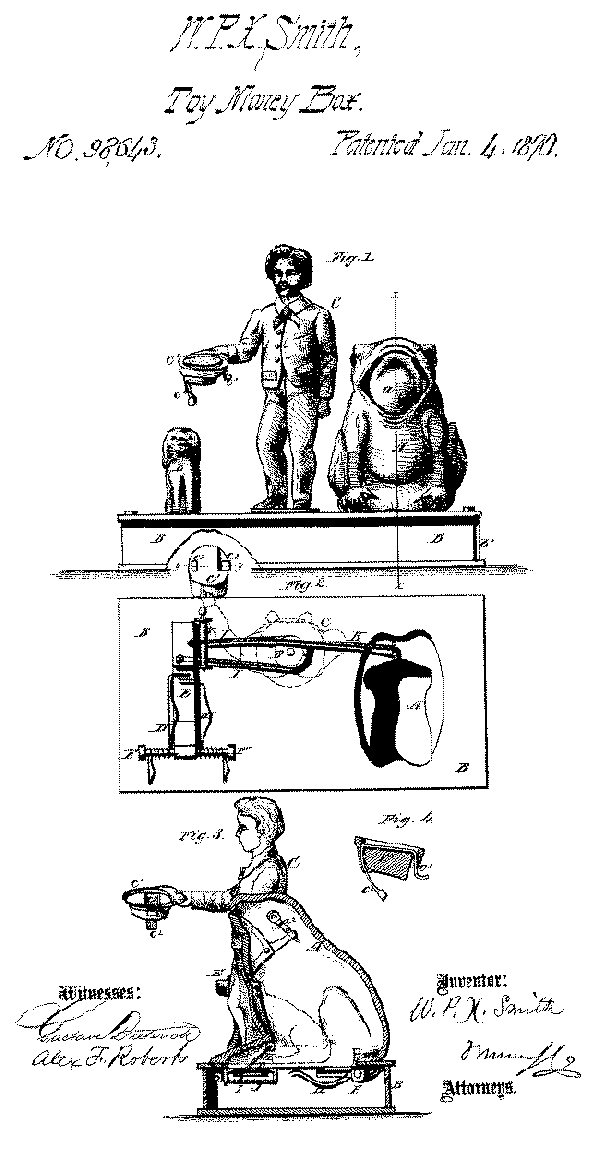 Boy, Frog, and Dog Bank, Patent Drawing No. 98,643
